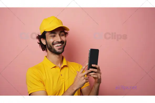 Happy Delivery Man Using Smartphone