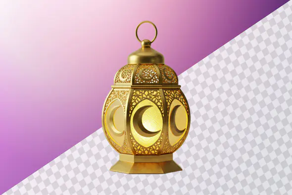 Golden ornate Ramadan lantern with crescent moon design