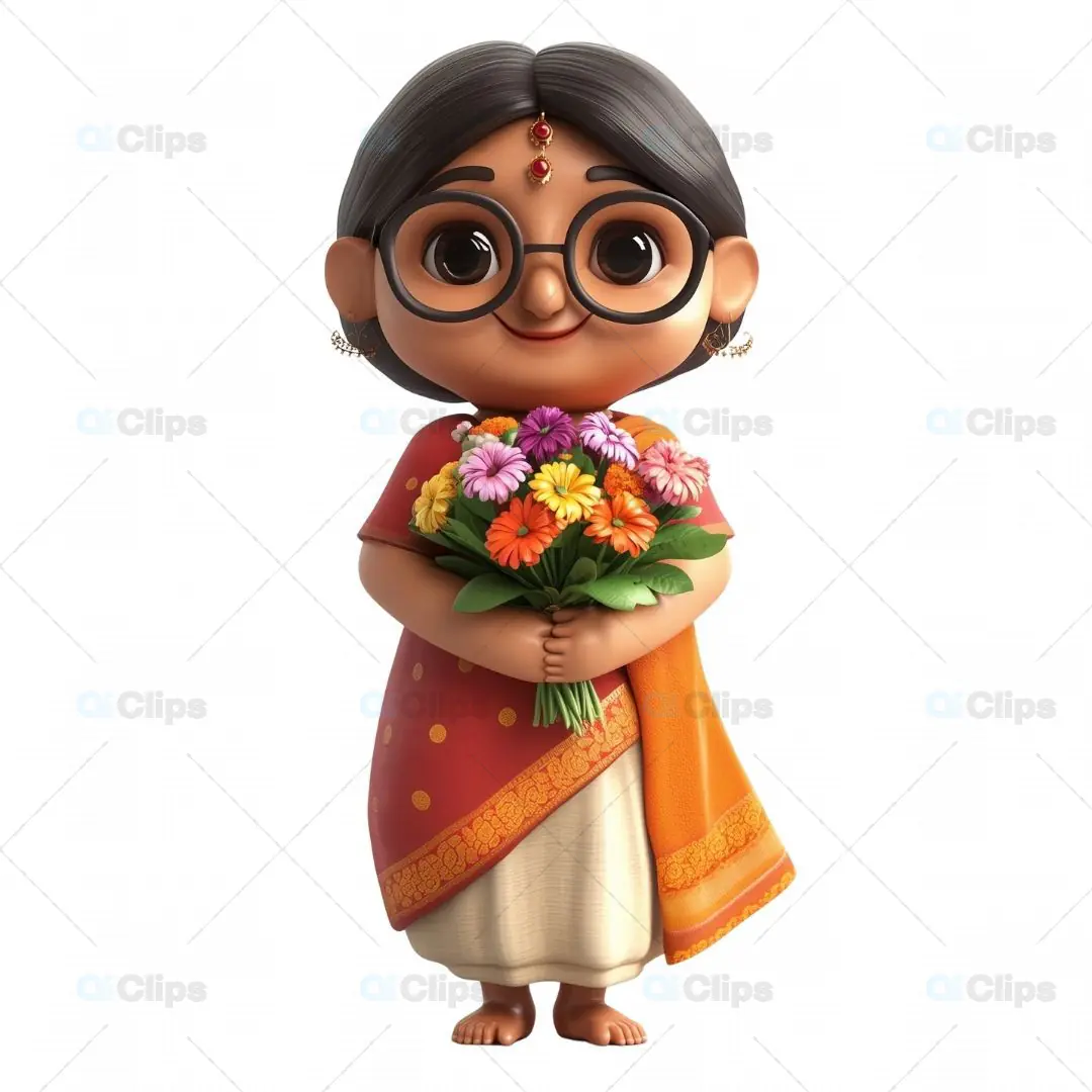 3D Indian Grandmother Avatar Holding Flowers