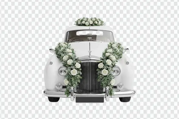 White Vintage Wedding Car with Roses Decoration PNG