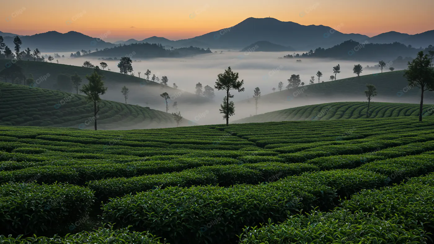 Misty Dawn Over Tea Plantation