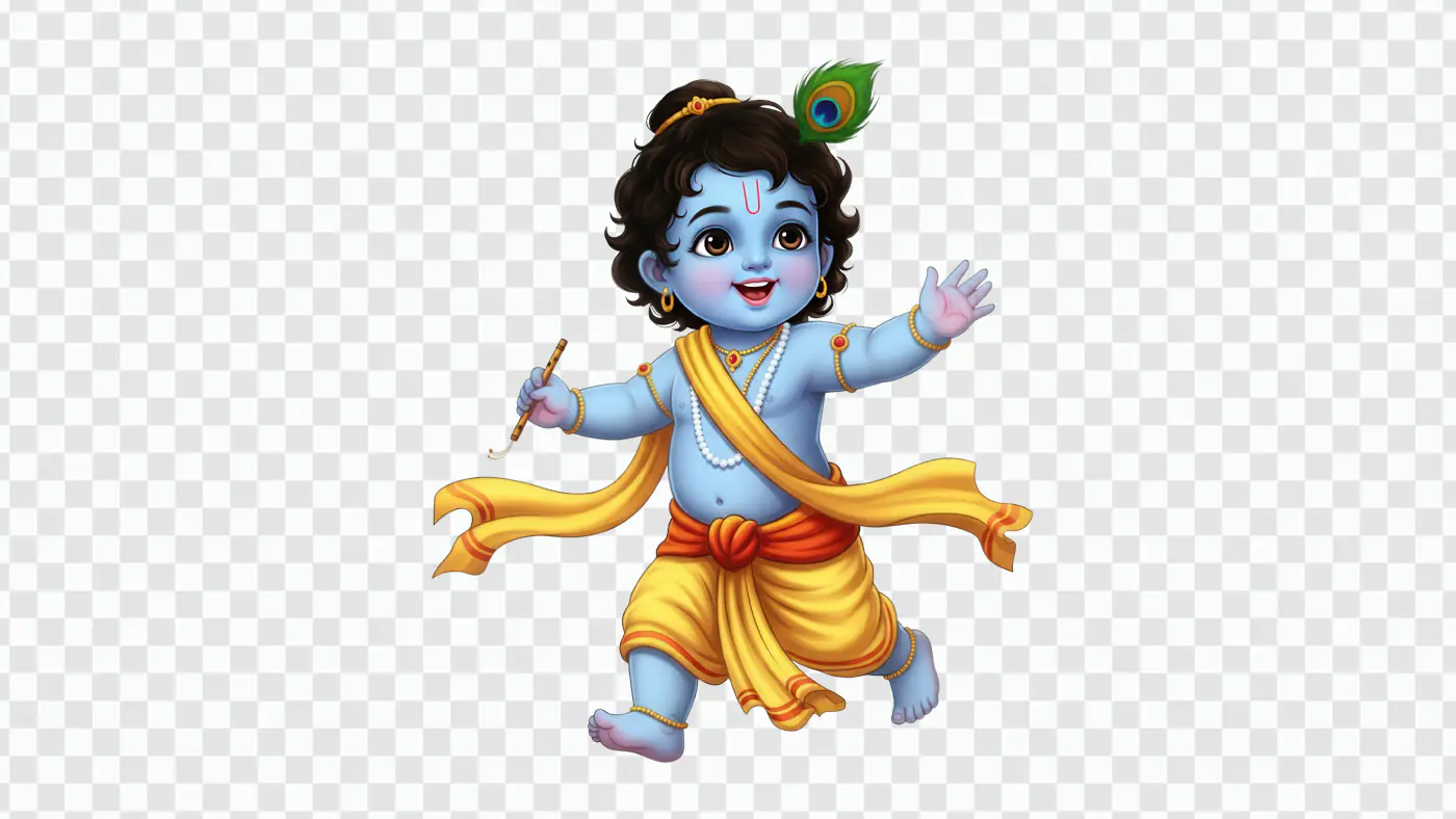 Playful baby Krishna dancing with peacock feather PNG