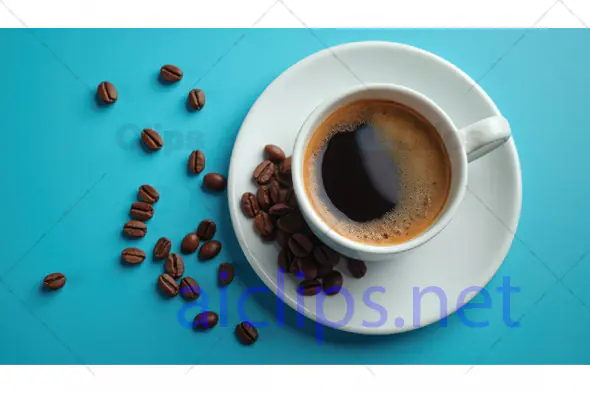 Cup of Coffee with Coffee Beans on Blue Background