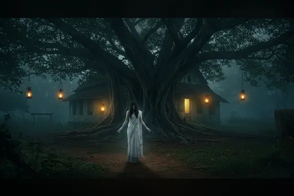 Horror Scene of Indian Woman in White Saree under Haunted Banyan Tree – Dark Folklore Forest