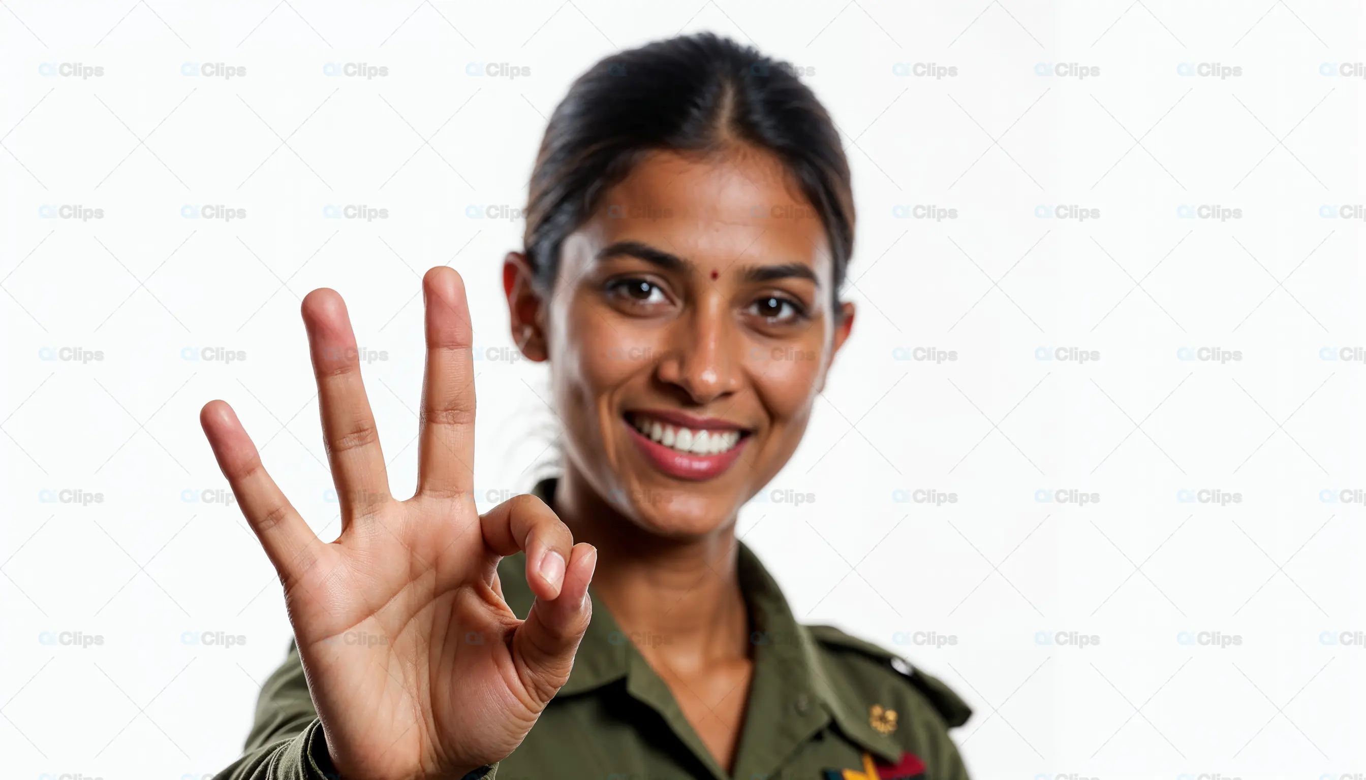 Young Indian Army Woman Giving OK Gesture
