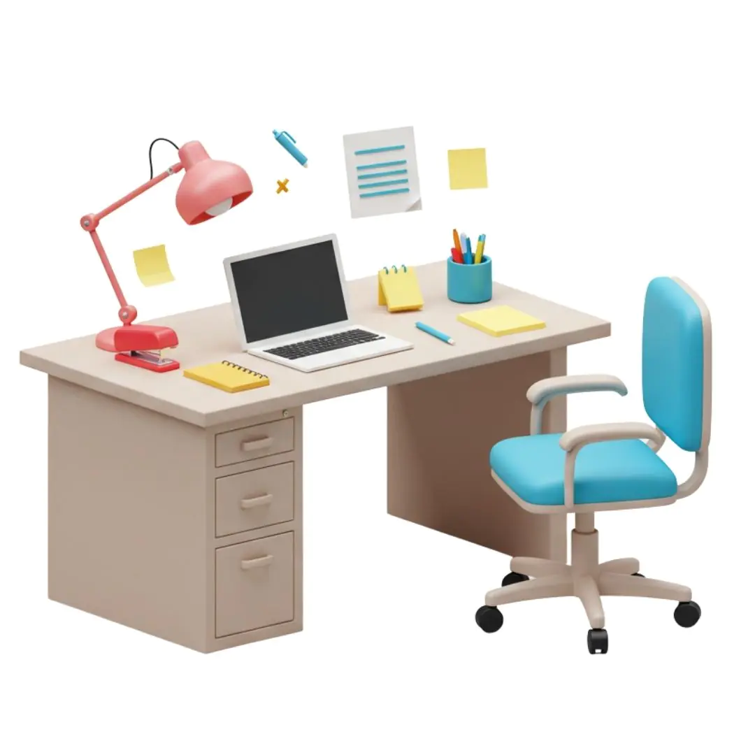 Modern office desk setup with laptop and accessories