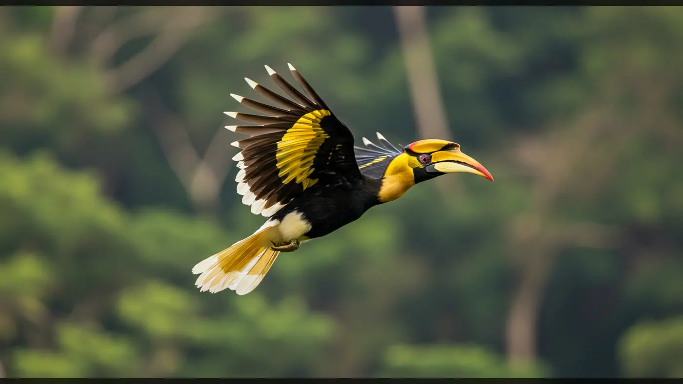 Great Hornbill in Majestic Flight Against Forest Canopy