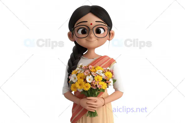 3D Indian Woman Avatar Holding a Bouquet of Flowers