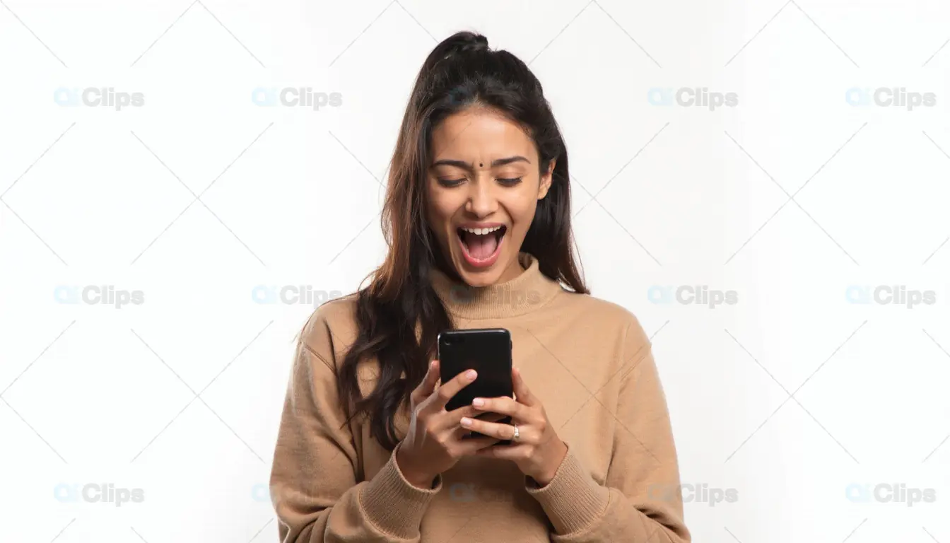 Excited Woman Looking at Smartphone