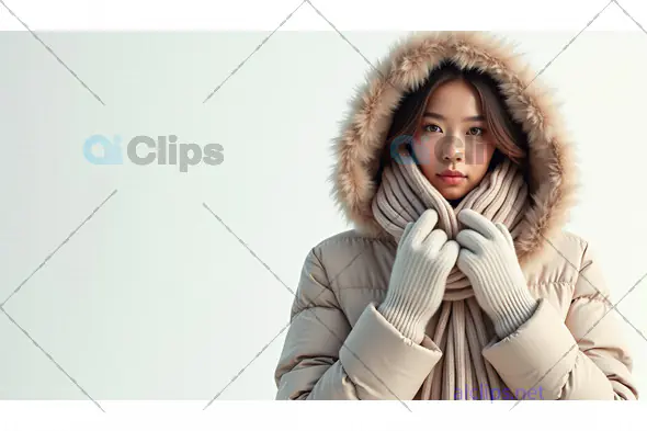 Winter Fashion: Woman in Warm Fur-Lined Hood and Scarf