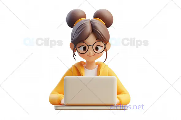 3D Girl Avatar Working on Laptop