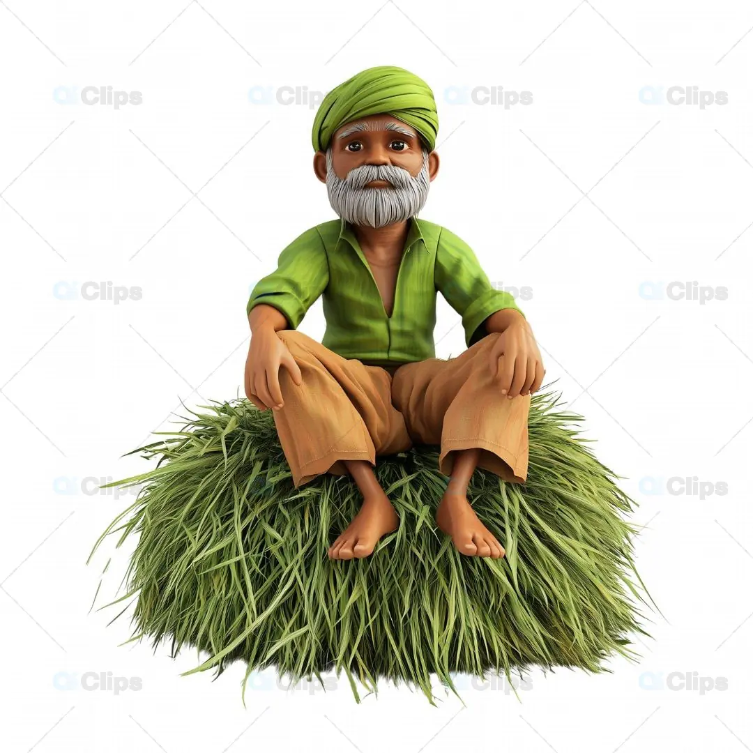 3D Elderly Indian Farmer Sitting on Haystack
