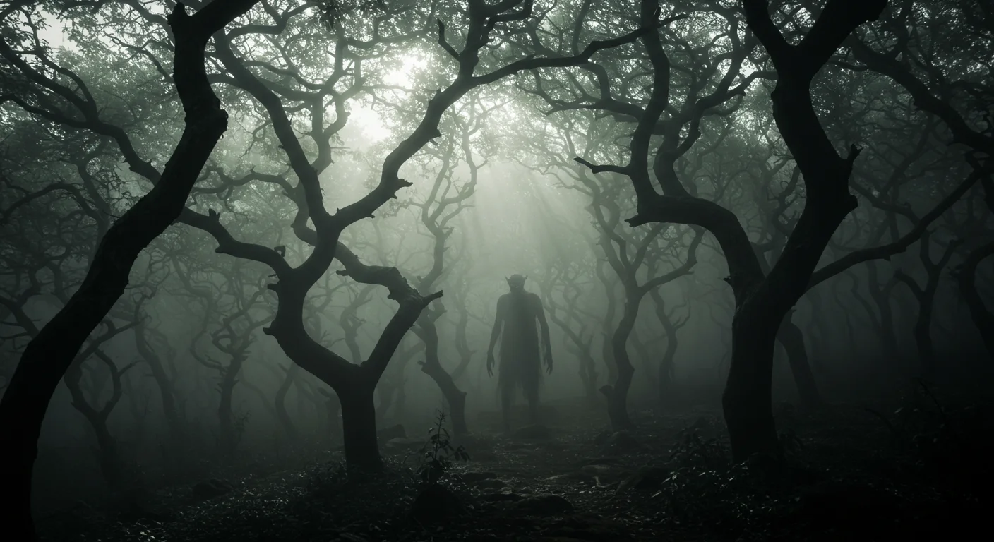 Silhouetted Creature in Haunted Forest – Dark Fantasy Horror Atmosphere