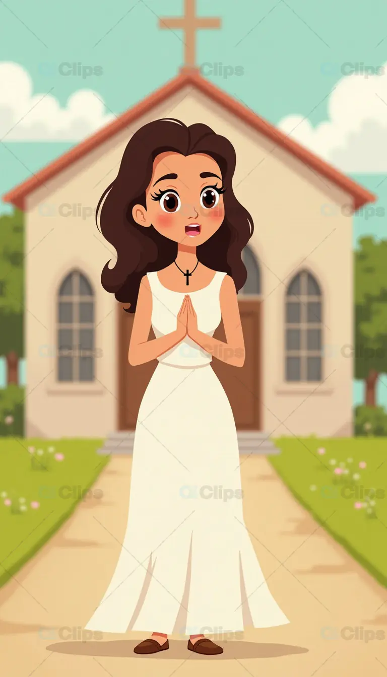 Cartoon Woman in White Dress Praying in Front of Church