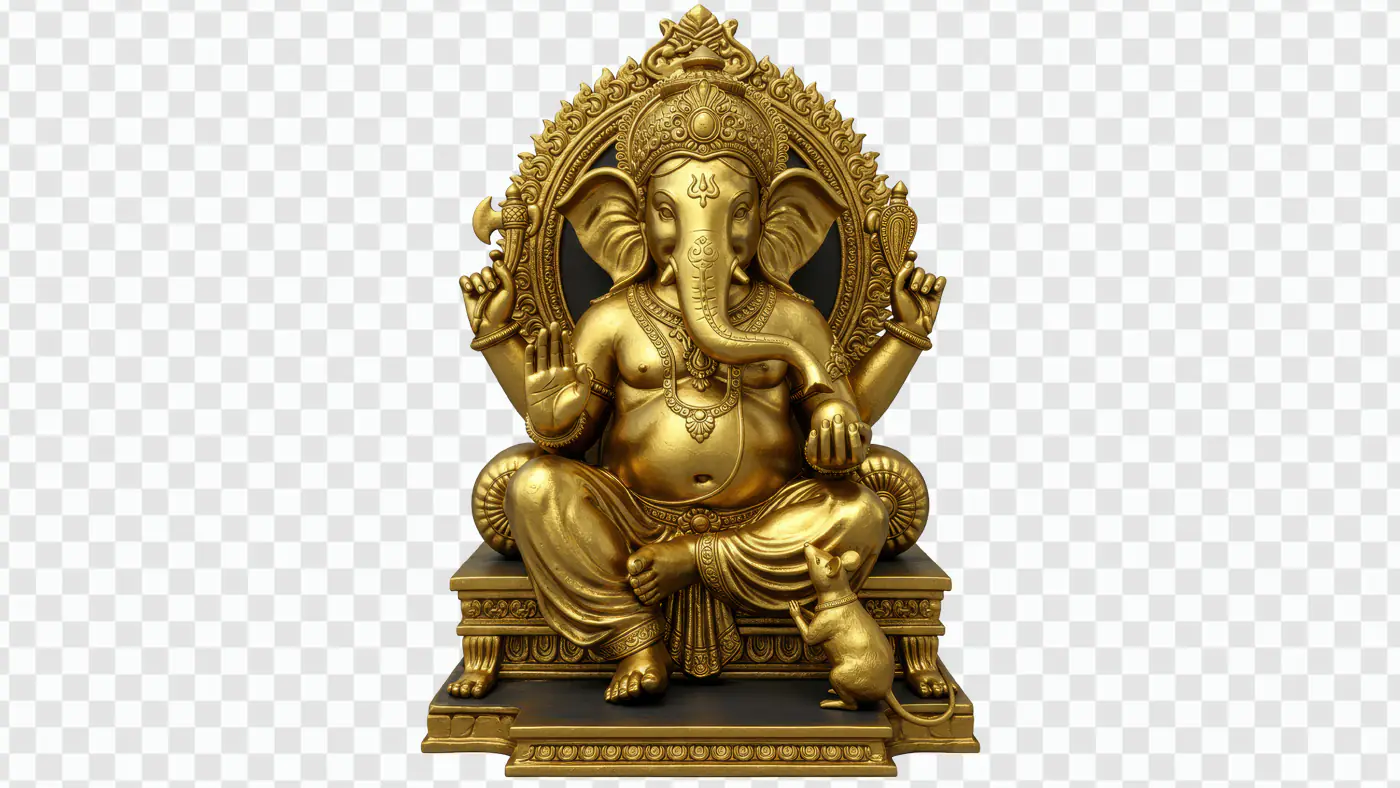 Golden Lord Ganesha Statue on Throne PNG