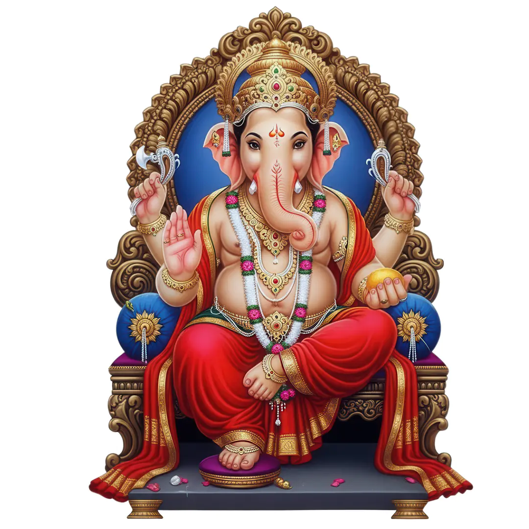Regal Ganesha Seated on Ornate Throne PNG