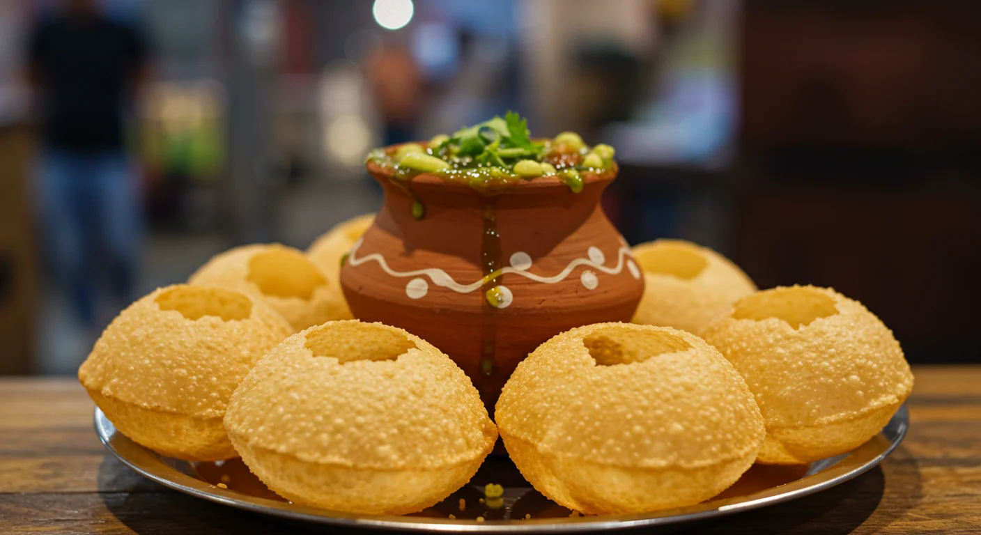 Garnished Indian Pani Puri Thali with Green Masala Water in Clay Pot | AIClips