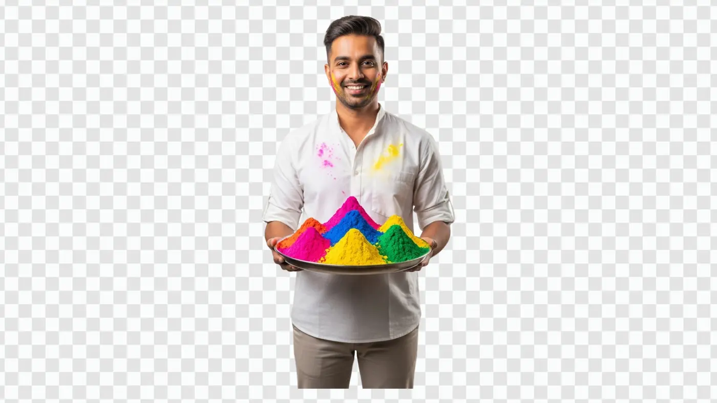 Joyful Indian Man with Colorful Holi Gulal Tray PNG