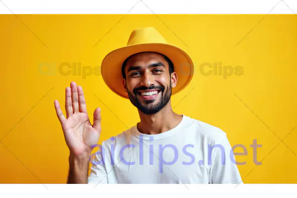 Smiling Man in Yellow Hat Waving