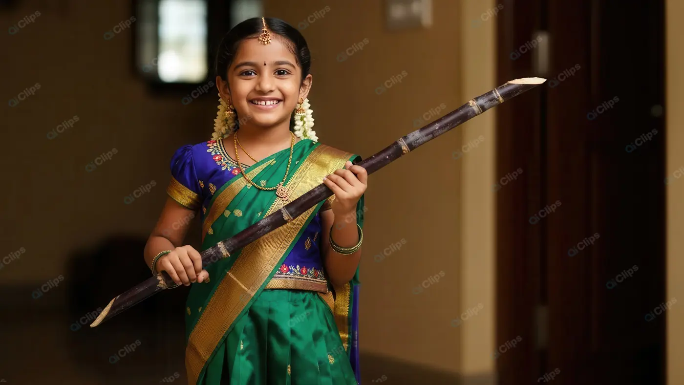 Joyful Girl in Traditional South Indian Dress