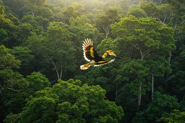 Majestic Toucan in Flight Over Rainforest