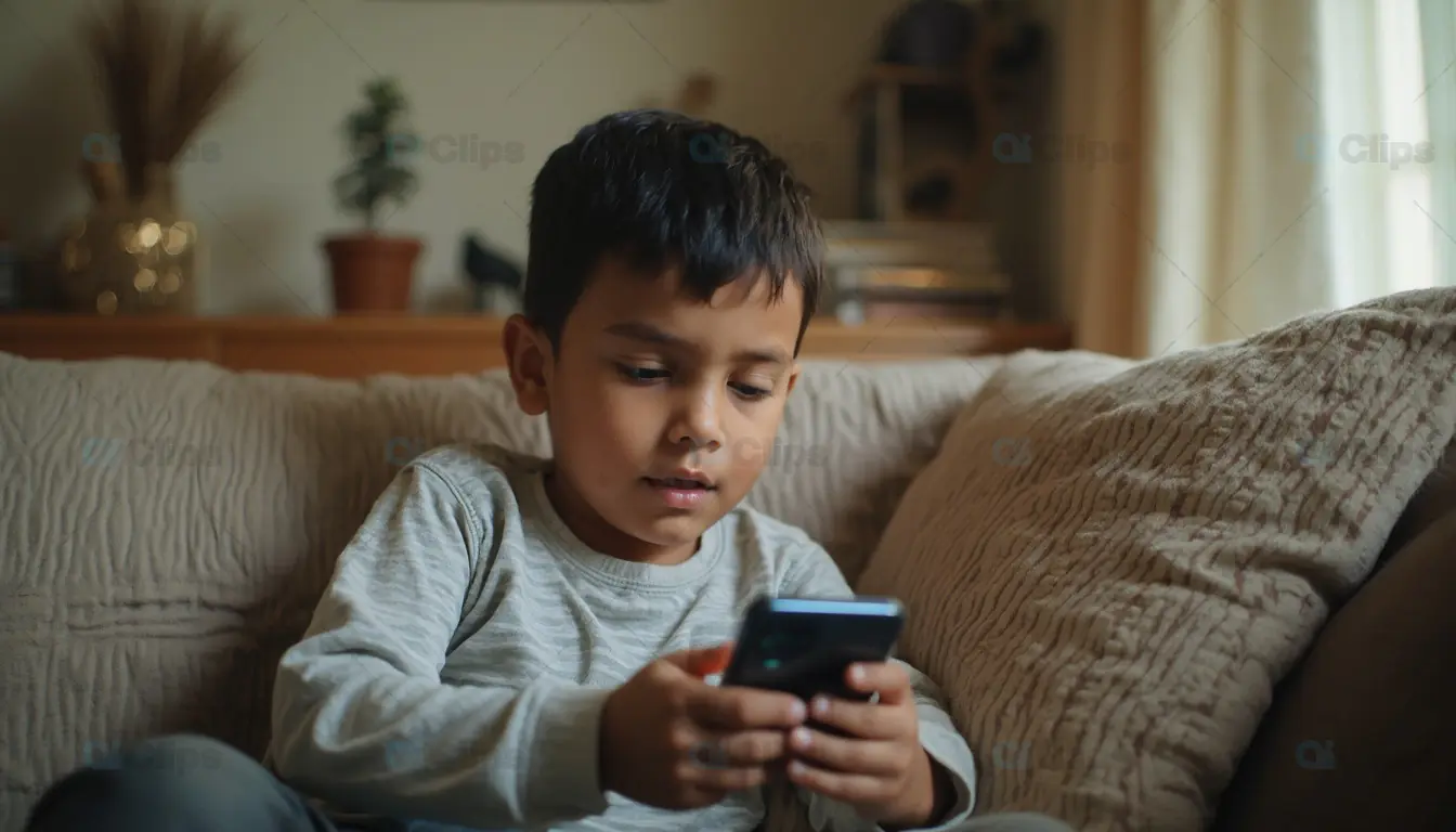 Child Focused on Smartphone at Home