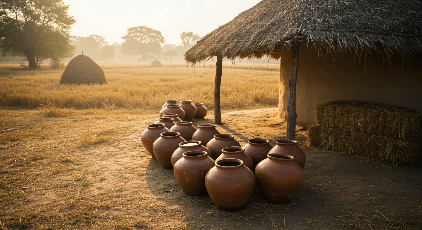 Clay Pots & Thatch Roof Hut in Indian Village Field | Rural Life by AIClips