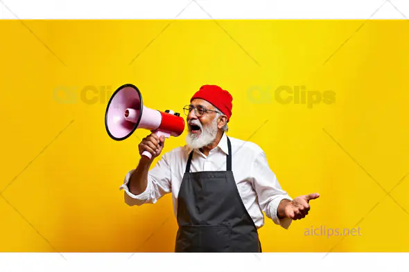 Elderly Man with Megaphone on Yellow Background