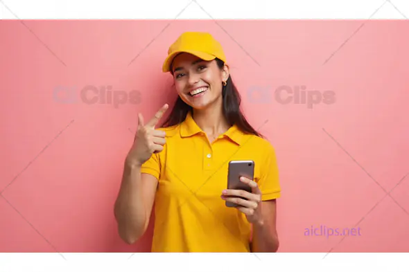Smiling Female Delivery Worker with Smartphone