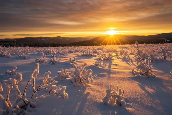 Stunning Winter Sunrise Illuminates Snowy Mountain Landscape
