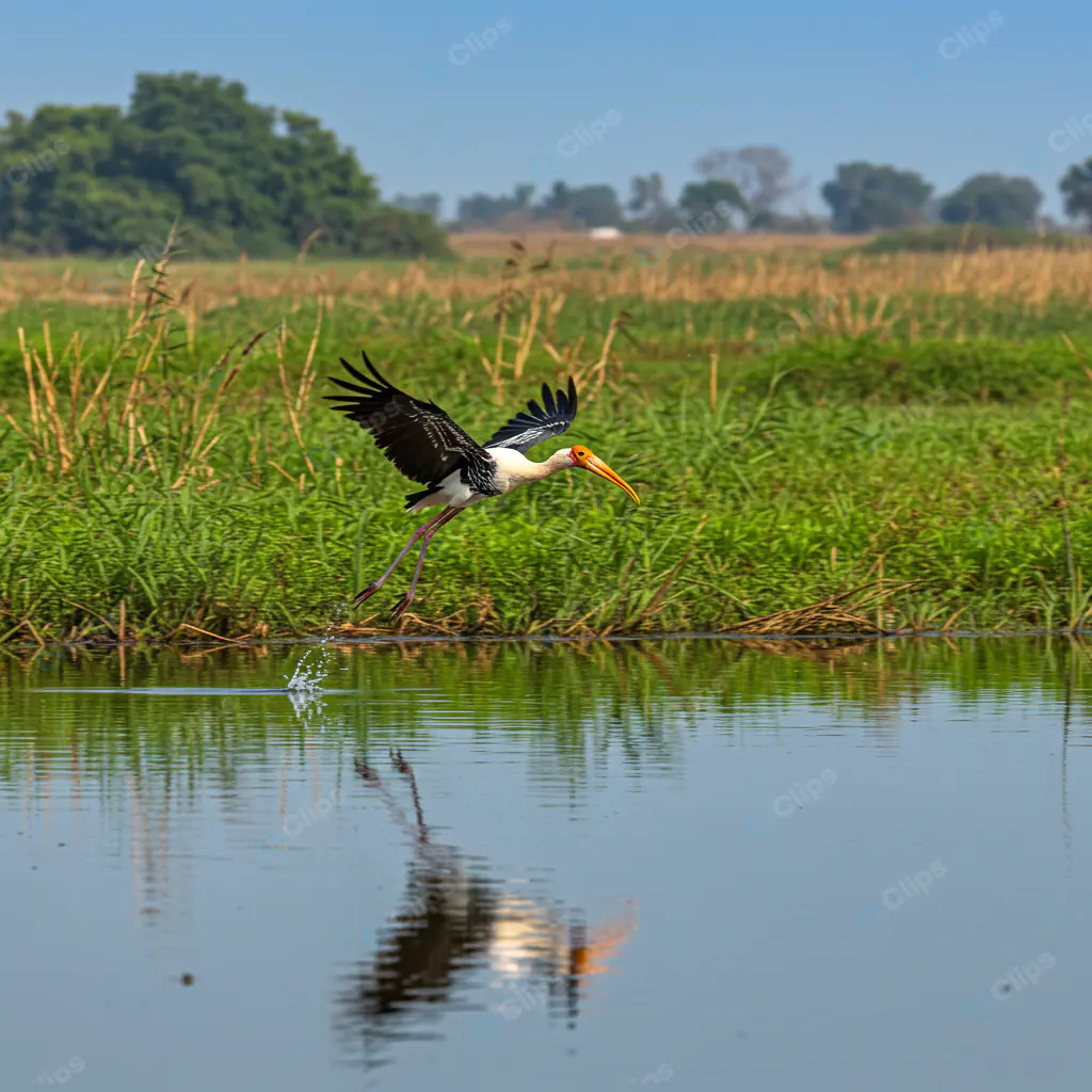 Painted Stork in Flight Over Wetland