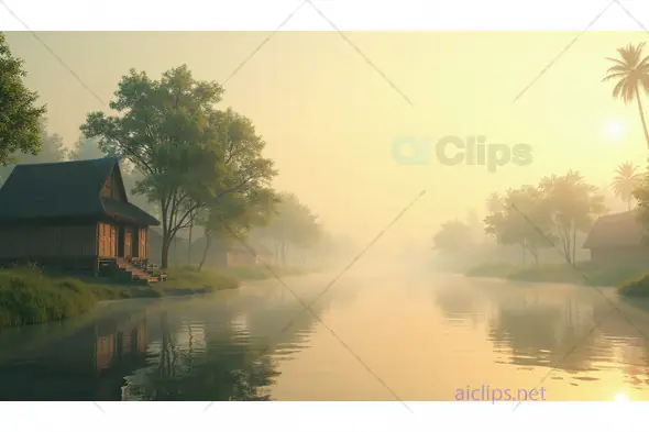 Serene Riverside Village at Sunrise