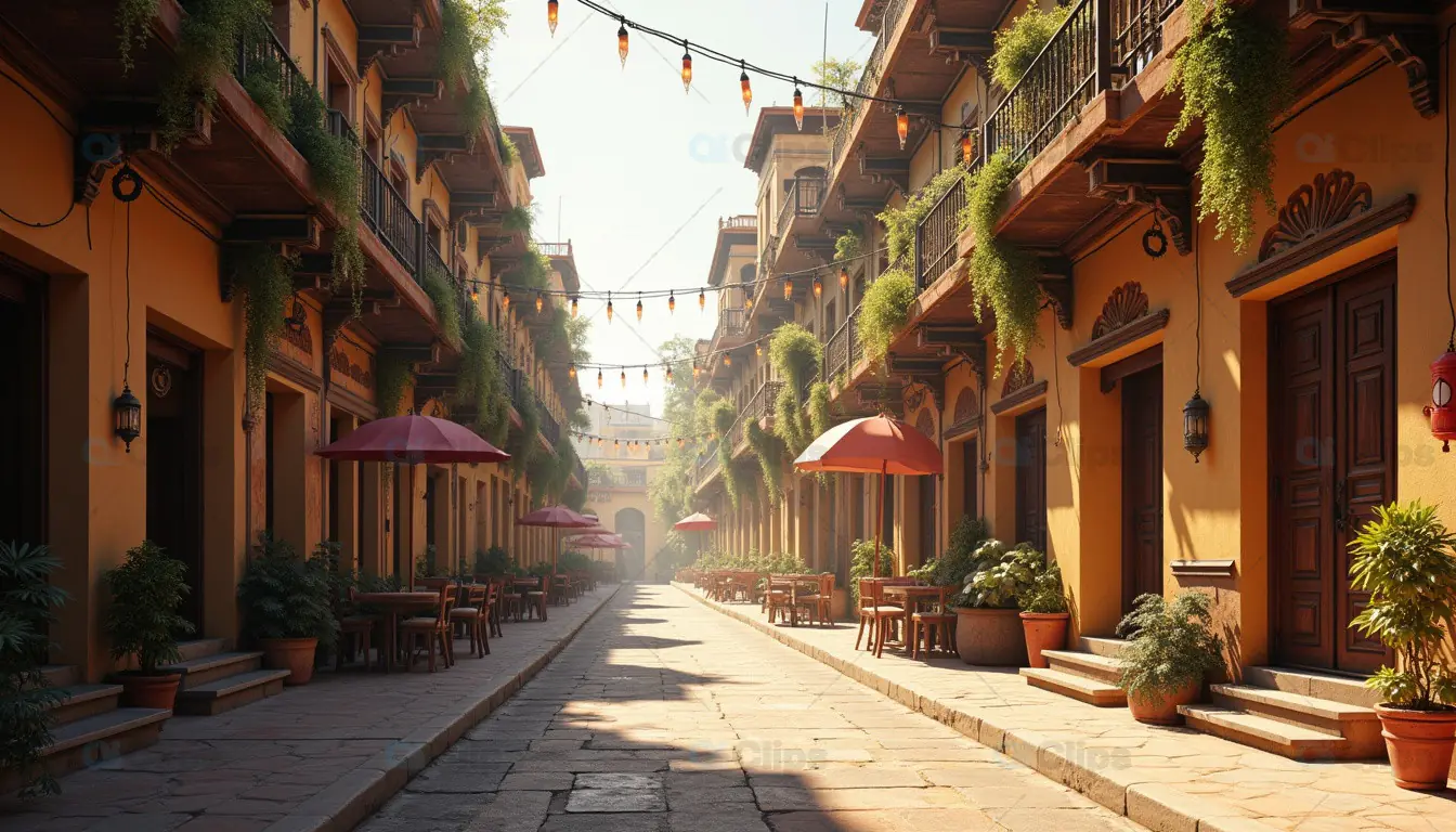 Charming Street with Outdoor Cafes and Hanging Lights