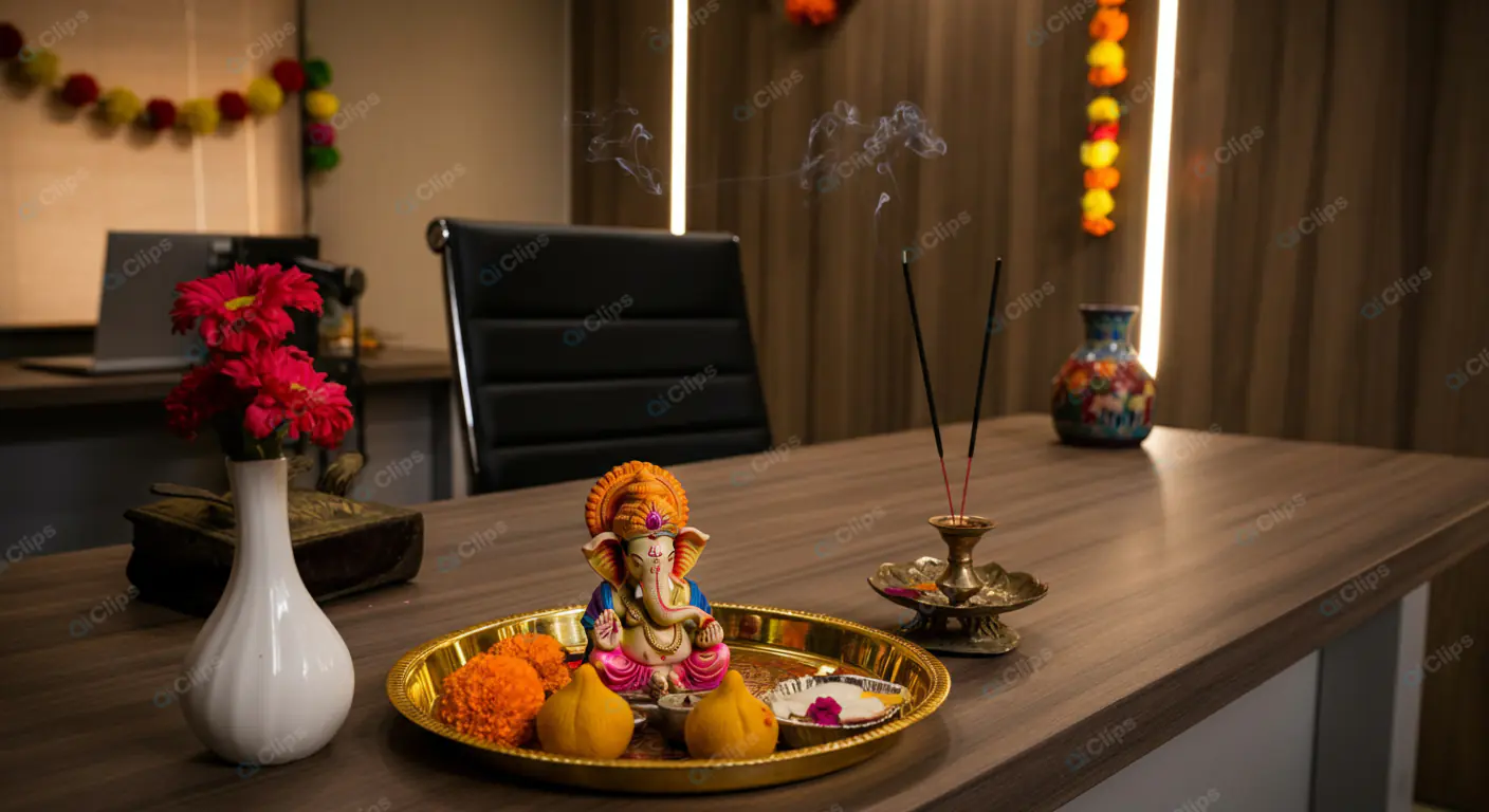 Vibrant Ganesh Puja Home Office Setup