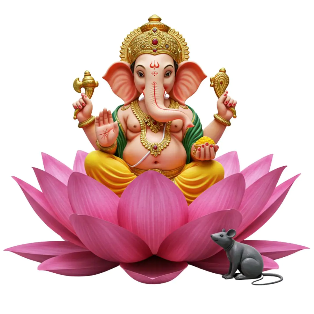 Ganesha on Pink Lotus with Mouse PNG