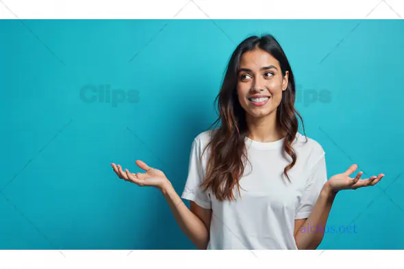 Young Woman Shrugging with a Smile on Blue Background