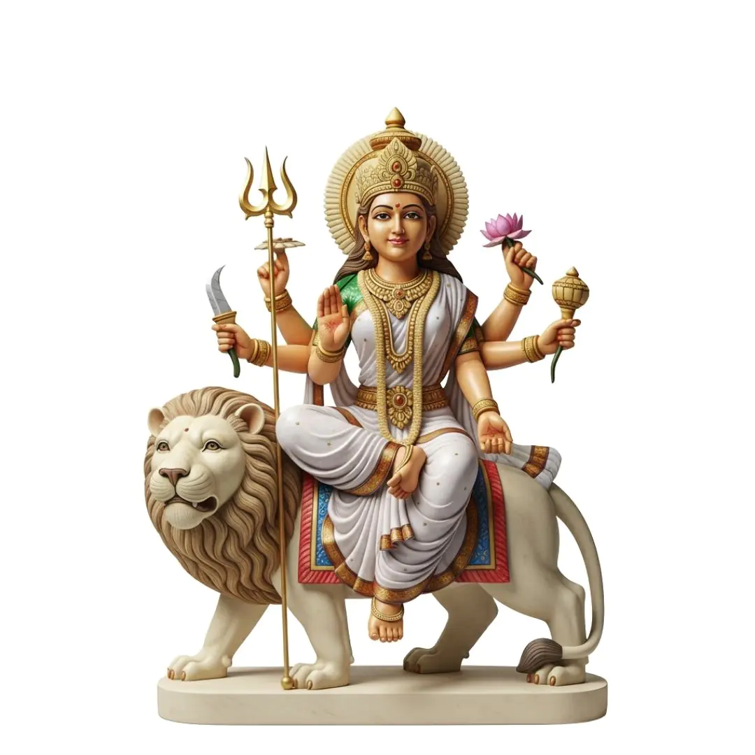 Hindu Goddess Durga Riding Lion Statue PNG