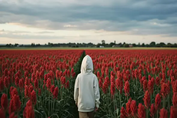 Solitary Figure in Crimson Sorghum Field