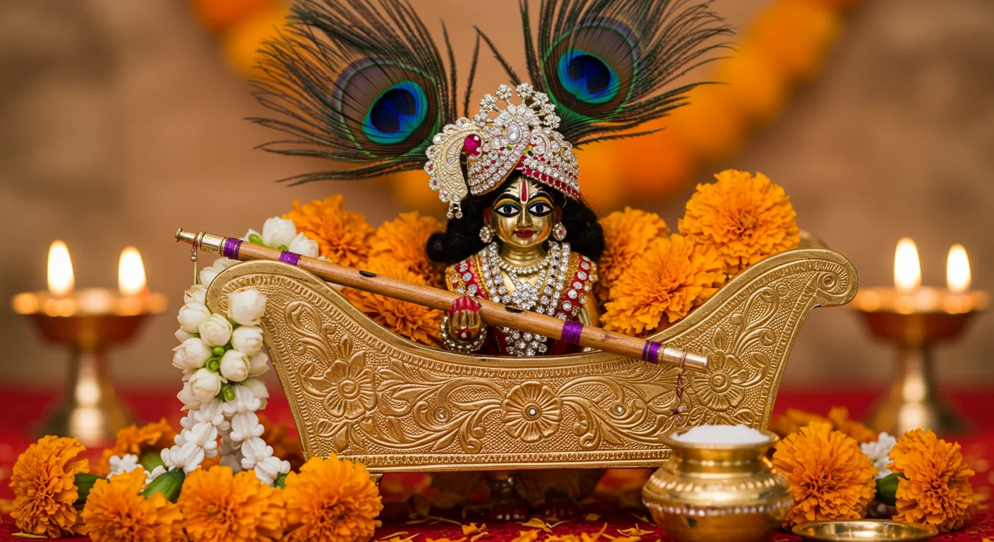Shri Krishna Idol on Golden Jhula for Janmashtami Puja with Diyas & Flowers | AIClips Festival Image