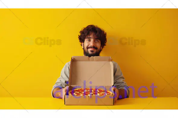 Man Holding Pizza Box on Yellow Background