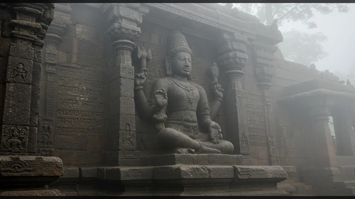 Foggy Ancient Temple Idol – Serene Spiritual Backdrop