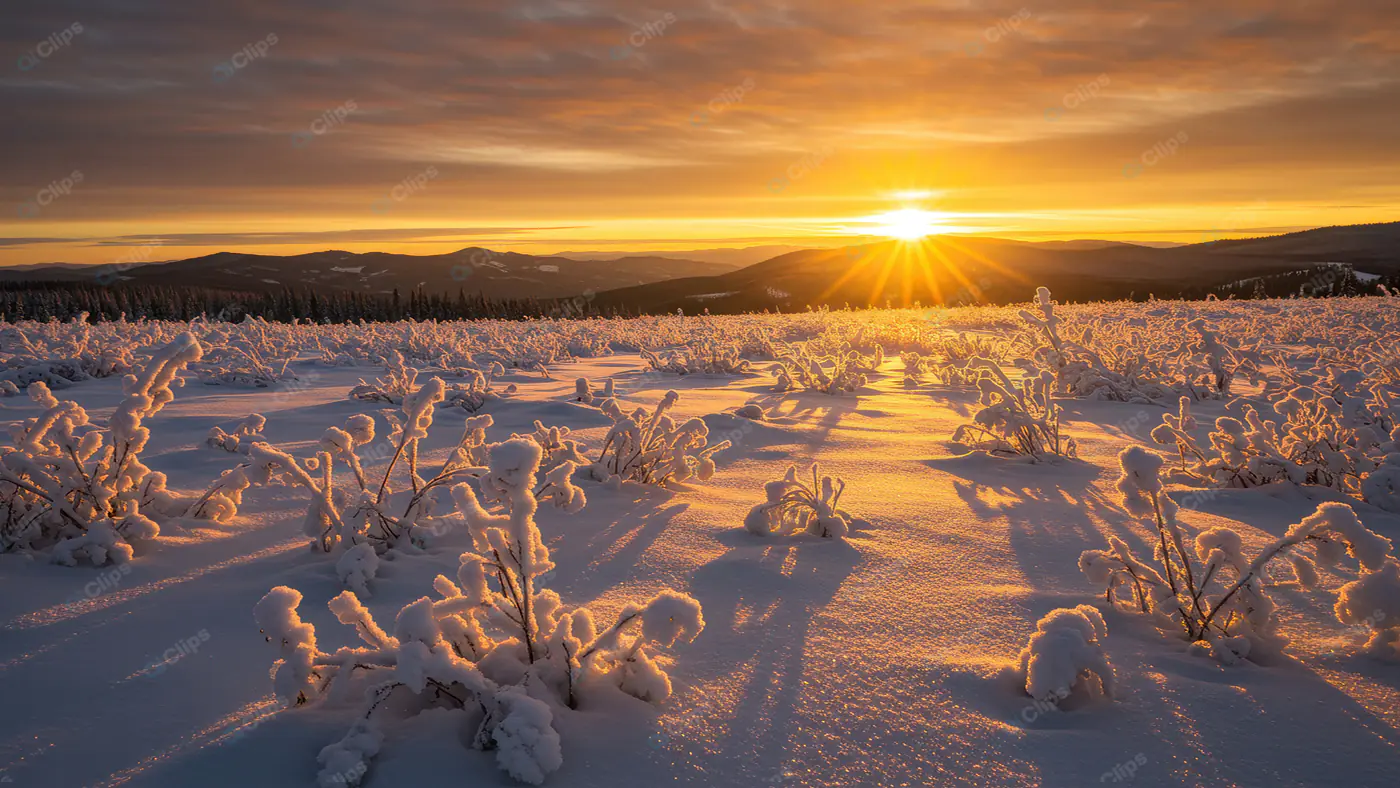 Golden Winter Sunrise Over Snowy Plains