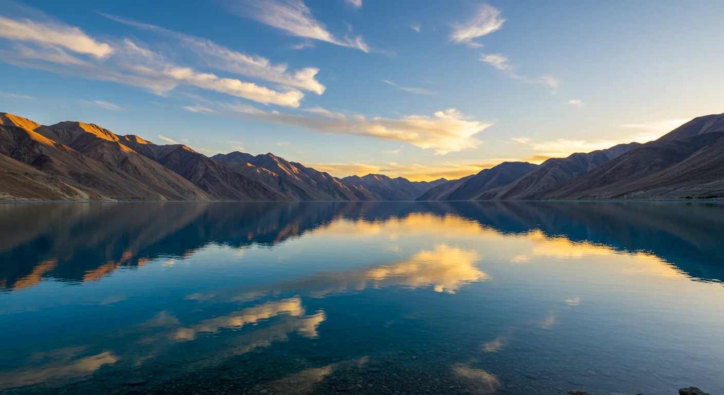 Still Reflections of Mountains and Clouds on a Pristine Blue Lake