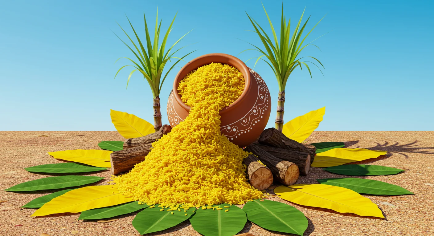 Pongal Festival Celebration with Pot of Sweet Rice, Sugarcane & Leaves | AIClips Harvest Theme Photo