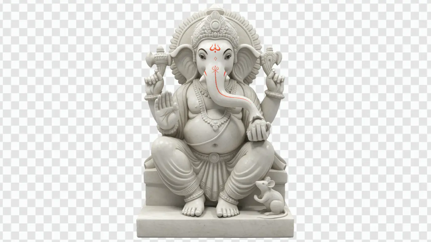 Majestic White Marble Lord Ganesha Statue PNG
