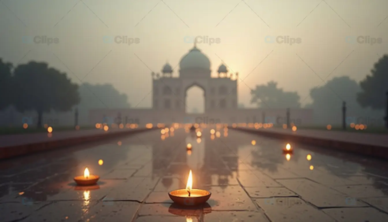 Lit Diyas Leading to Taj Mahal at Dusk