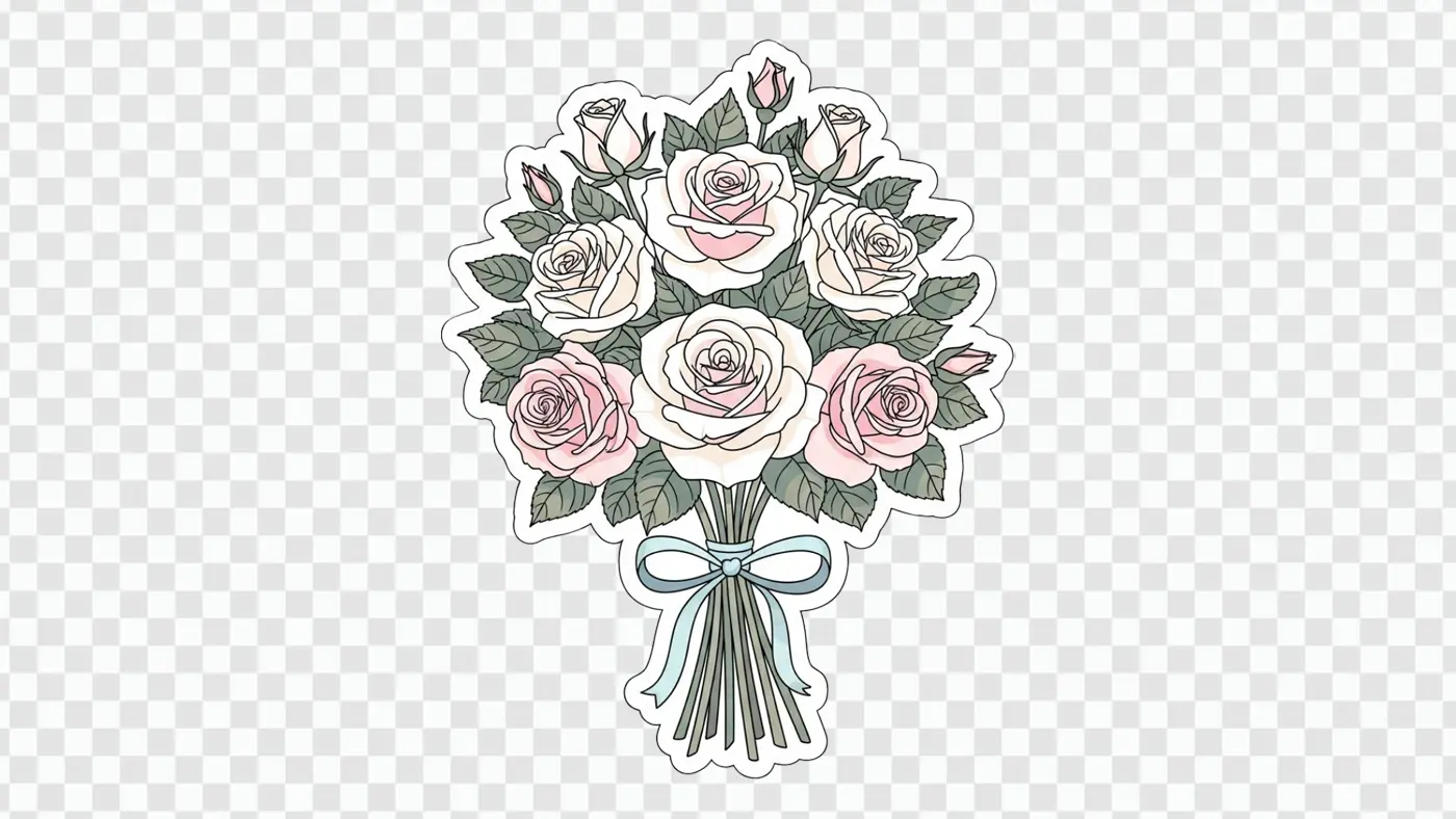 Illustrated Pastel Rose Bouquet with Blue Ribbon PNG