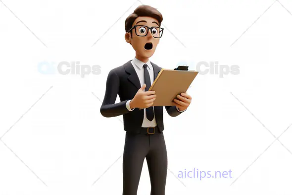 3D Surprised Businessman Avatar Holding a Clipboard