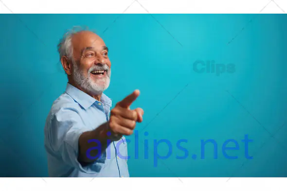 Smiling Elderly Man Pointing Forward on Blue Background