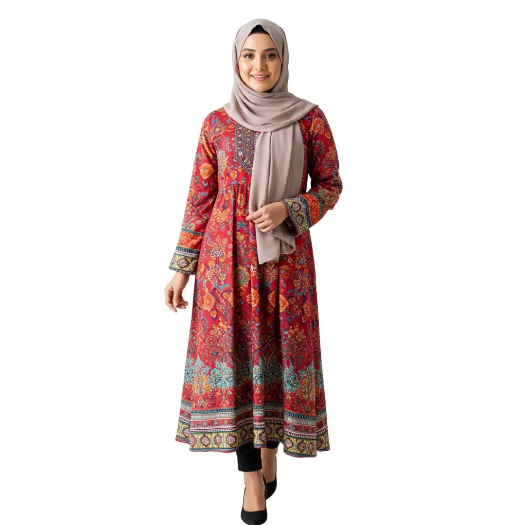 Elegant Woman in Floral Printed Abaya PNG